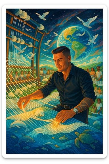 Uomo del 2030 al telaio gigante cosmico che tesse il destino del pianeta con fili di cotone stellare, ogni fibra naturale che intreccia ripara una parte dell'ecosistema terrestre, dita che brillano mentre guidano i fili di cotone attraverso dimensioni parallele, tessuto che si estende dall'atmosfera fino alle profondità marine, creature marine che nuotano attraverso le onde del tessuto acquatico, uccelli che volano seguendo i pattern del tessuto aereo, humanity unita che indossa vestiti di cotone e partecipa alla grande tessitura collettiva della salvezza planetaria sticker