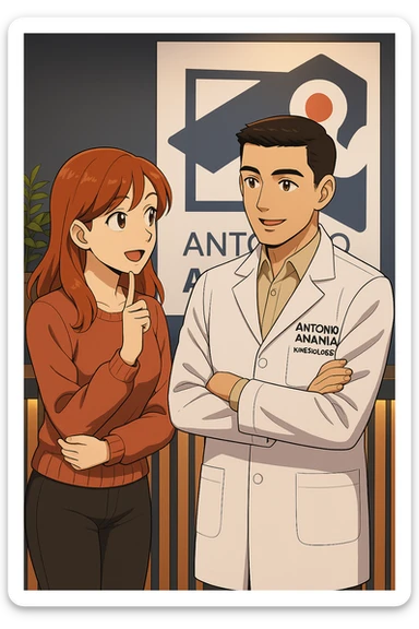 su questo stile fai un manga/webtoon a colori in cui una donna incuriosita fa una DOMANDA ALL'UOMO, l'uomo della foto in stile manga LE risponde, mantieni un ambiente simile alla foto che ho allegato con il suo logo (sarebbe il suo studio, lui è un kinesiologo), scrivigli "ANTONIO ANANIA" sul camice bianco, non mettere fumetti, ma fai in modo che sembri che la donna CHIEDA curiosa E L'UOMO le risponda sticker