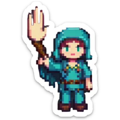 pixel art character waving with a welcome gesture sticker