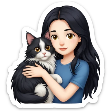 Beautiful girl with fair skin and long black hair hugs Maine Coon cat sticker
