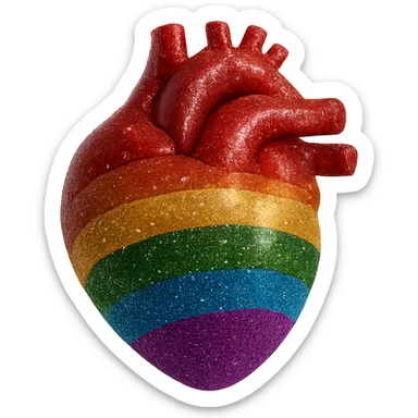 Add a glitter effect to the 3D floating pride heart in photorealistic style with no background. Enhance the sparkling glitter details on the surface of the heart to make it shimmer realistically. sticker