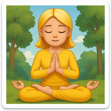 Add a peaceful nature background with trees and sky behind the meditating emoji, keep the classic emoji style sticker
