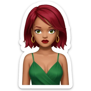 Rihanna dark red hair, green dress sticker