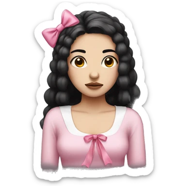 sad girl with white skin and black hair with a pink bow on her head sticker