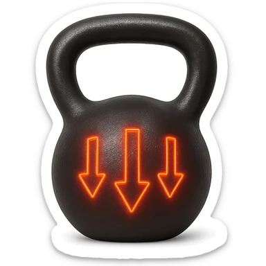 realistic black kettlebell with glowing red arrows pointing down, isolated on white background sticker