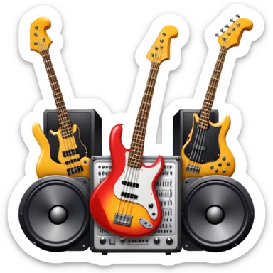 Icon for R&B Music Listening: large concert speakers with waves of musical notes coming out, along with a bass guitar, drum kit, and synthesizer. The icon should convey the energetic and rhythmic vibe of R&B music. Transparent background. sticker