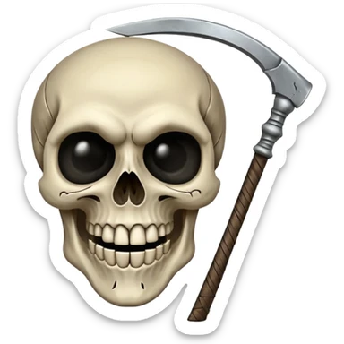 A laughing skull with a scythe crossed behind it, one eye socket winking. Clean, stylized lines, flat vector. Medieval woodcut style. Black and white with one accent color (tarnished silver). No background. sticker