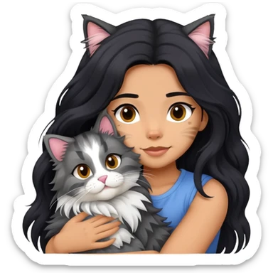 Girl with long black hair hugging a gray fluffy plush toy and a tricolor Maine Coon cat sticker