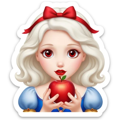 Cinematic Elegant Snow White Portrait Emoji, Delicately holding a red apple, eyes glimmering with mystery, soft curls perfectly placed, her royal presence glowing with a warm, enchanting charm! sticker