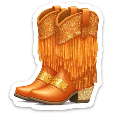 Realistic orange pair of fashion cowgirl boots with sparkly shiny glitter fringe on them. sticker