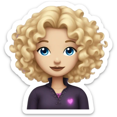 Blonde curly hair Blue eyed woman who is witchy by on and pink hearts  sticker