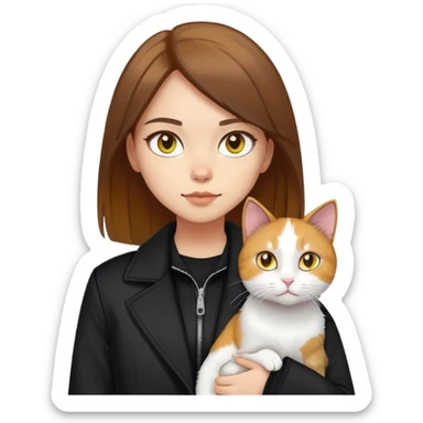 Light-skinned girl with brown straight hair wearing a black jacket, with a pure white cat with yellow eyes and a calico cat sticker