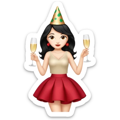 A woman with wavy black hair in a cherry skirt, beautiful and authoritative, drinking champagne sticker