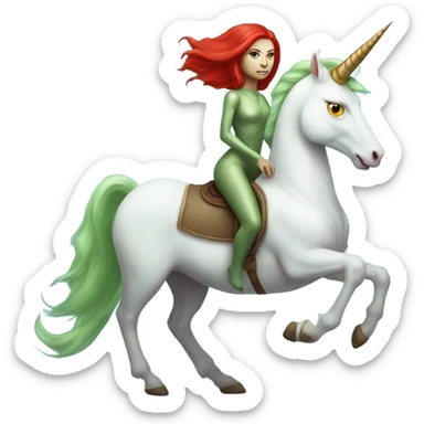 [politically incorrect
	{ woman: alien, color: light green, hair:red, eyes:cat} ]
	on a 
	[{ unicorn: white, legged:four, mane: light blue }] sticker
