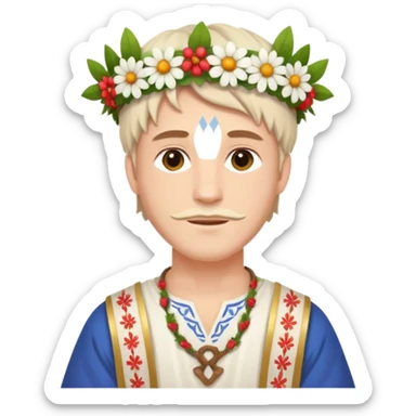 A guy with traditional clothes from midsummer festival, white tunica, flowers crown sticker