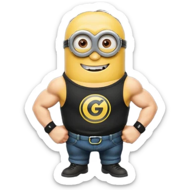 A buff minion wearing a black t shirt top with the words “never GOON” on the shirts chest area sticker