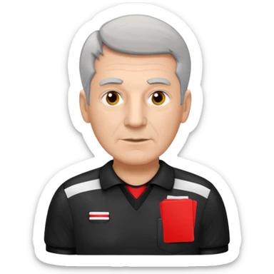 Older Referee – Experienced Look
 Wearing black jersey, gray hair, calm but firm, red card lifted halfway. sticker