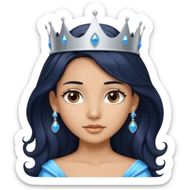 Por favor hazme el emoji de la princesa pero con piel canela con el pelo negro y ondulado y largo, los ojos marrones y la corona plateada con jollas azules sticker