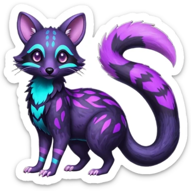 Obsidian-onyx-black fur base coat with glowing-neon-purple markings and patterns, shiny blind eyes, magical fantasy-Genet-Sentret-Marsupial-Possum-Vernid-Sergal-Fakémon-hybrid, by LiLaiRa-griffsnuff, full body sticker