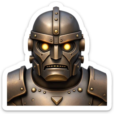Cinematic Noble Mighty Iron Golem Portrait Emoji Poised and imposing, with a towering, metallic form forged from intricately detailed plates of burnished steel and ancient bronze, etched with faint traces of runes and weathered marks of time. Its piercing, glowing eyes radiate unwavering resolve, casting a solemn and commanding presence; rendered with lifelike texture and natural metallic highlights, high shine, elegant yet indomitable, styled with an aura of legendary endurance, focused and resolute, soft glowing outline, capturing the essence of an eternal guardian, standing vigilant and immovable as if ready to awaken at any moment with unstoppable might! sticker