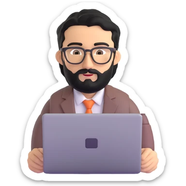 single professional man with medium black beard, neat black hair, connected unibrow, olive tan skin, brown eyes, glasses, prominent nose, wearing clean business casual attire, holding a laptop, centered portrait sticker
