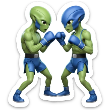 two aliens boxing in a fight stance, facing each other with raised gloves, dynamic action pose, intense expressions, sci-fi arena vibe, 3D cartoon style, mobile game icon style, clean background, no text, no watermark
 sticker