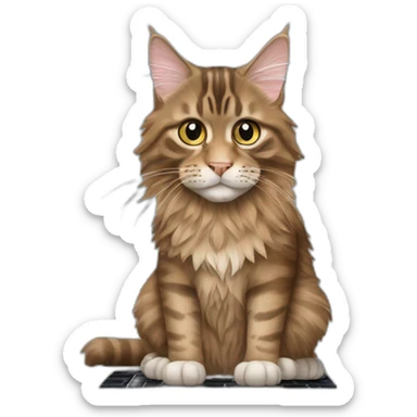 maine coon tabby cat typing in front of a screen sticker