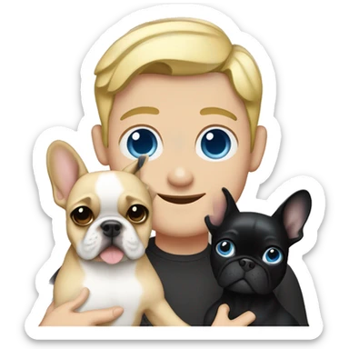 Man with blue eyes and black hair holds a blonde frenchie  sticker