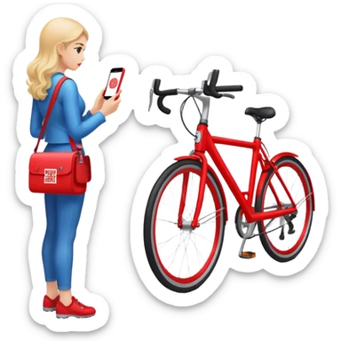 QR code on a red bike and a woman scanning the code standing next to the bike a few feet awy sticker