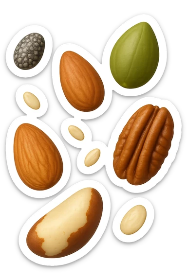 emoji stile iphone 3d di questi elementi che fluttuano in aria:

Semi di chia, lino, zucca, sesamo
Mandorle, noci pecan, noci brasiliane (porzioni limitate)

 che fluttuano sparse casualmente in aria, iperealistico 4k sticker