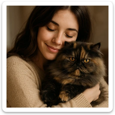 brunette girl hugging a fluffy tortoiseshell Persian cat, cozy and loving sticker
