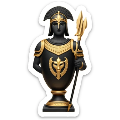 Cinematic-realistic Grecian urn, an exquisite black-figure pottery masterpiece resting in the dim glow of an ancient temple. Intricate golden depiction of a warrior holding a spear, telling timeless myths of heroism and tragedy.  sticker