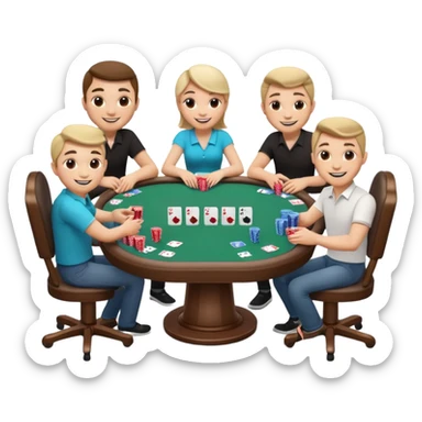 A 3D cartoon poker table with cards, chips, and smiling players, soft lighting, Memoji-style. sticker
