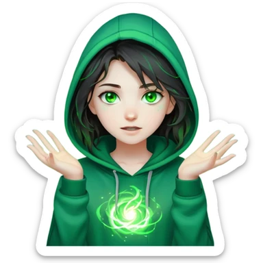 a teenage girl with pale skin, dark messy hair, glowing green eyes, wearing casual, modern clothes like a hoodie and jeans. She’s surrounded by swirling green magical energy with sparks of magic around her hands.” sticker