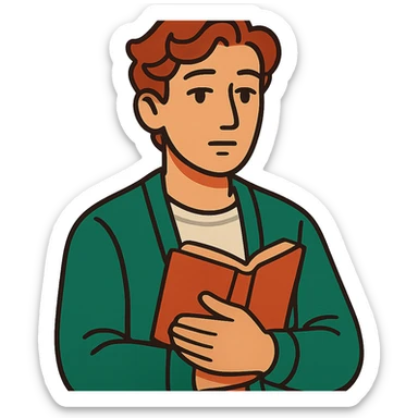 Calm and thoughtful male confidant, fair skin, soft wavy brown hair, gentle eyes, wearing a green cardigan over a light shirt, holding an open journal close to chest, waist-up, front-facing, pure background sticker