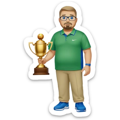  full body white obese male basketball coach with trophy. Goatee , Wearing glasses and blue and green nike polo shirt and khaki pants sticker