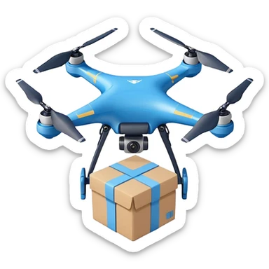 Delivery drone sticker, and blue texture on the body quadcopter carrying small package box, friendly design, simple flat vector style, soft shadow, white outline, transparent background sticker