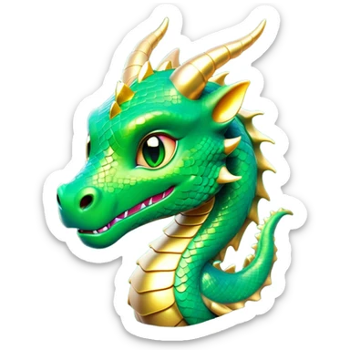 Cinematic Cute Dragon Portrait Emoji, Head tilted playfully and inquisitively, featuring a sleek, serpentine form adorned with iridescent scales that shift between emerald and gold, a delicate set of subtle horns, and round, sparkling eyes full of curious magic; rendered with realistic detail and warm natural light, high shine, affectionate and enchanting, styled with a touch of whimsical fantasy, soft glowing outline, capturing the essence of a mischievous yet lovable dragon that seems poised to slither playfully into your arms! sticker