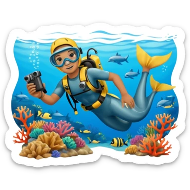 A brave dolphin diver in flippers and mask, exploring coral with a waterproof camera.

 sticker