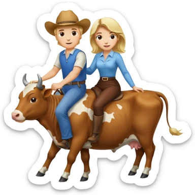 Do a man and a woman riding cows , the man is blond and woman a brunette sticker