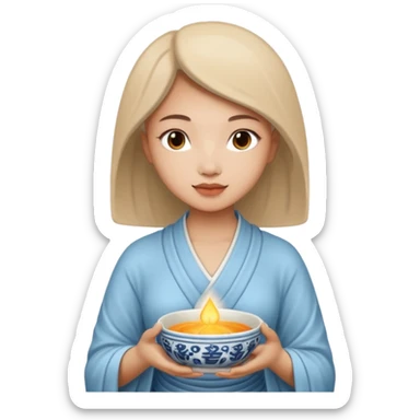A woman holds a Buddhist empty bowl in her hands. There is a glow around the girl. sticker