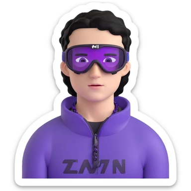 shirtless male athlete with white skin and moderately curly black hair on top with shaved sides, wearing ski goggles with purple frames/outline and very dark heavily tinted black lenses that completely hide the eyes, and a simple plain black chain necklace, no earrings sticker