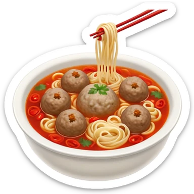 Cinematic Realistic Bakso Dish Emoji, showcasing savory meatball soup with noodles rendered with detailed textures and warm, inviting lighting. sticker