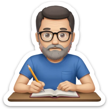 A man with a large gray beard, dark hair, wearing a t-shirt and glasses, studying. sticker