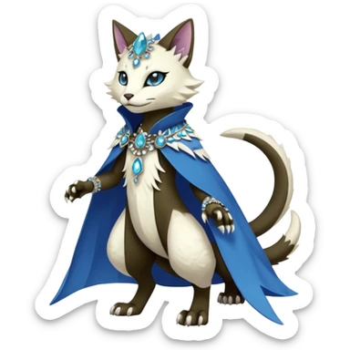 Kawaii cute beautiful pretty elegant divine edgy feline-vernid-sergal-Fakémon-Pokémon-Digimon-fursona-animal-creature, full body, with intricate detailed markings, Embroidered capelet, Gem-studded horn ring sticker