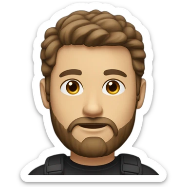 White man with a sun kissed tan and blue eyes. His hair is dark brown, styled sideways backwards. He has a beard and mustache trimmed. Wears a black t-shirt, Apple pencil behind his ear. sticker
