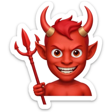 Red devil with short horns and trident, grinning mischievously sticker