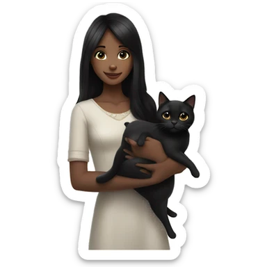 A girl with black hair and black eyes, large and very beautiful, gently smiling, holding a black cat in her hand—absolutely stunning. sticker