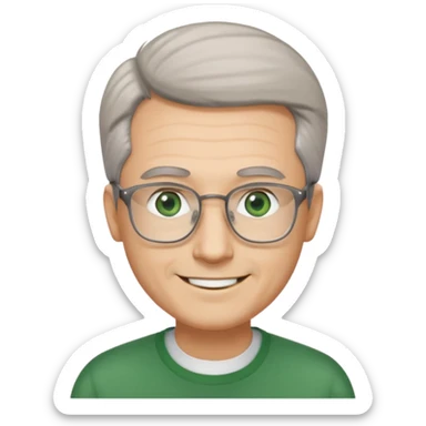 Man with receding hair, grey hair only on the sides, green eyes, rectangular reading glasses, rounded clear face, with a smile sticker