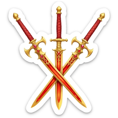 Two crossed swords that are golden in blade and handle and have fiery and royal appearence to them as well as red gem stones yellow in color sticker